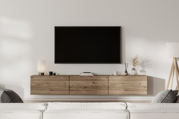 Home interior with TV screen in front of sofa, 3d render