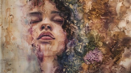 Against a dreamy watercolor backdrop our ephemeral woman is depicted as a part of nature herself embodying the ephemerality of life . . - obrazy, fototapety, plakaty