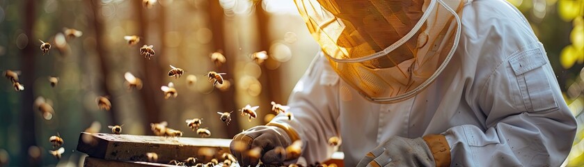 Beekeeper using advanced technology to care for a high-tech hive - obrazy, fototapety, plakaty