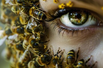 Bees gathering around a queen to protect and warm her - obrazy, fototapety, plakaty