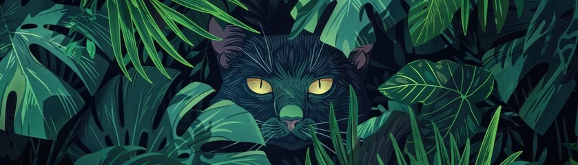detailed illustration of a green-eyed cat lurking in a jungle - obrazy, fototapety, plakaty