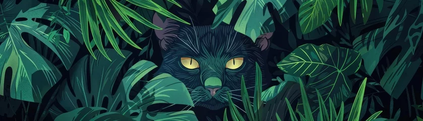 Fotobehang detailed illustration of a green-eyed cat lurking in a jungle © 220 AI Studio