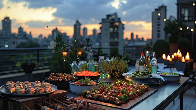 A luxurious rooftop barbecue party with a city skyline backdrop and an elegant spread of grilled delicacies