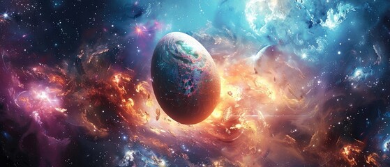A surreal image of an egg floating in a cosmic space merging themes of creation and the universe - obrazy, fototapety, plakaty