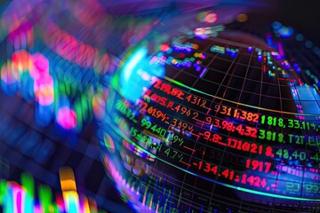 A vibrant image of a market ticker wrapped around a globe representing global investments and economies - obrazy, fototapety, plakaty