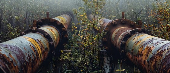 Industrial pipes belching out toxic fumes, encircling trees slowly withering under the pollution - obrazy, fototapety, plakaty