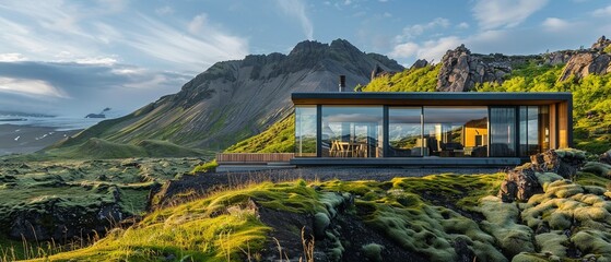 sustainable panorama glass house growing from the mountain in iceland - obrazy, fototapety, plakaty