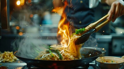 Skillful chef tossing Pad Thai in a hot wok street food scene - obrazy, fototapety, plakaty