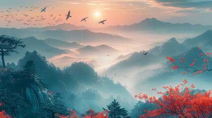 Misty mountains with gentle slopes and flock of birds in sunrise sky. Traditional oriental ink painting.