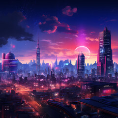 A city skyline at night with neon lights.