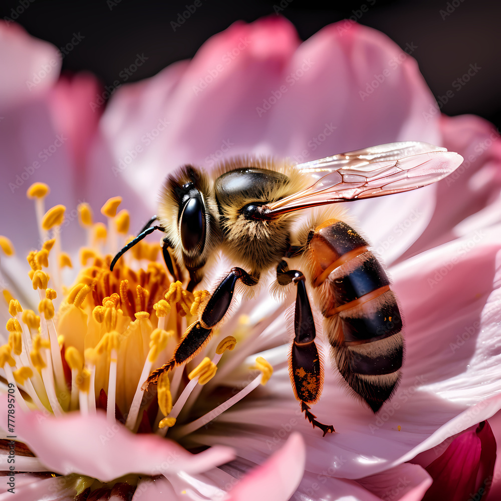 Poster A close-up of a bee on a blooming flower. 