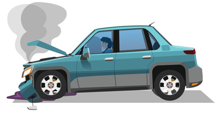 Cartoon Vector or Illustration of car accident. Driver was trapped inside with the airbag deployed. Broken front bumperHood opened and smoke came out and oil leaked. Isolated white background.