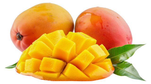 A slice of mango is on top of a leaf, cut out - stock png.