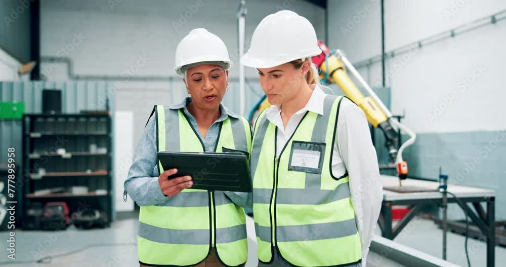 Poster tablet, teamwork and engineer in discussion, planning and robotic manufacturing at factory with mana