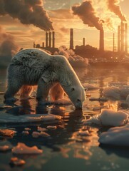 climate crisis, polar bear, melting glaciers, industrial chimneys and smoke, polluted air - obrazy, fototapety, plakaty