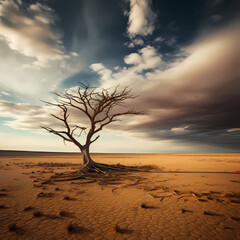 A dramatic shot of a lone tree in the middle of a desert