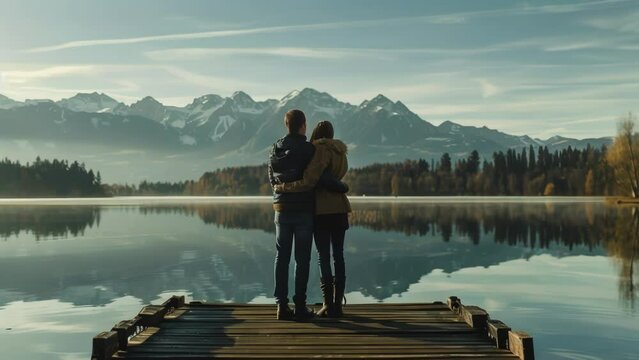 A man and woman standing side by side on a wooden dock their arms wrapped around each other as they look out at a tranquil reflective . .