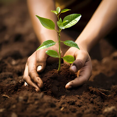 A pair of hands planting a sapling in rich soil.