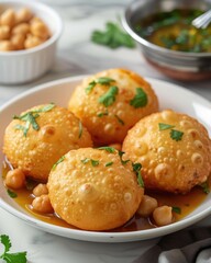 Crispy pani puri, a classic Indian street snack, garnished with cilantro in a wooden bowl on white.