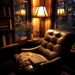 A quiet reading nook with a comfortable chair and lamp - obrazy, fototapety, plakaty