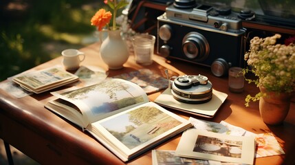 A captivating scene on a wood table, a photo album capturing the essence of a summer journey, adorned with instant photos taken by a vintage camera. - Powered by Adobe