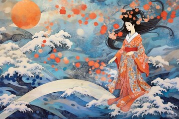 Wave Ukiyo-e painting, whimsical abstract landscapes romantic, dreamy, elegant