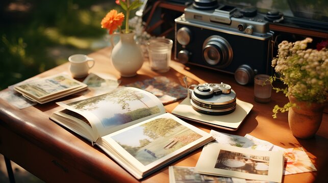 A captivating scene on a wood table, a photo album capturing the essence of a summer journey, adorned with instant photos taken by a vintage camera.