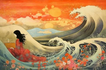 Foto op Canvas Wave Ukiyo-e painting, whimsical abstract landscapes romantic, dreamy, elegant © Pixel Alchemy