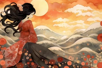 Papier peint Orange Wave Ukiyo-e painting, whimsical abstract landscapes romantic, dreamy, elegant