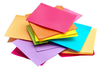 A stack of colorful papers with different shades of pink, yellow, and blue, cut out - stock png.