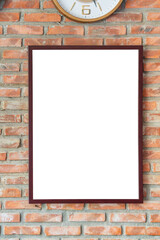 Blank wooden photo frame on brick wall, Mockup picture frame