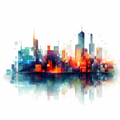 Abstract city skyline with floating geometric shapes