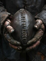 Football in ancient warrior hands, charcoal gray leather, closeup, moody light, timeless - obrazy, fototapety, plakaty