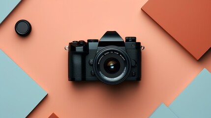 A flat lay composition featuring a digital single-lens reflex camera, providing an expansive space for text or branding elements. - obrazy, fototapety, plakaty