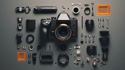 A flat lay composition featuring a digital single-lens reflex camera, providing an expansive space for text or branding elements.