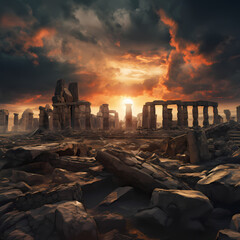 Ancient ruins against a dramatic sky.