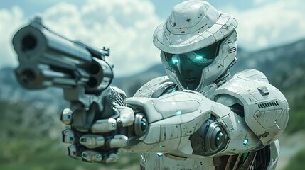 Fototapeta premium White Cyborg Soldier Pointing GUn