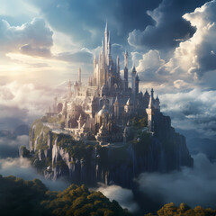 Crystal palace atop a mountain in the clouds.  - obrazy, fototapety, plakaty