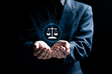 Legal business concept. Labor law, Lawyer, Attorney at law. Businessman holding law icon on virtual...