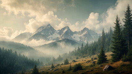 Epic scenic and moody mountain mountains and forest on sunset
