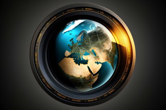 A realistic depiction of a camera lens forming the continents of the world, inviting viewers to explore the global perspective through the lens, with space for text.