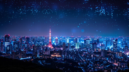 Modern city with wireless network connection and city scape concept. Wireless network and Connection technology concept with city background at night.