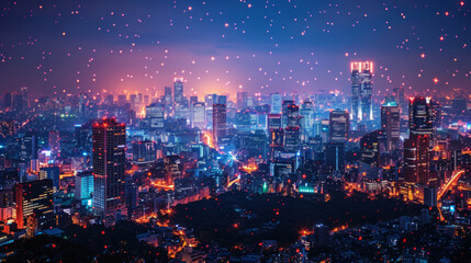 Modern city with wireless network connection and city scape concept. Wireless network and Connection technology concept with city background at night. - obrazy, fototapety, plakaty