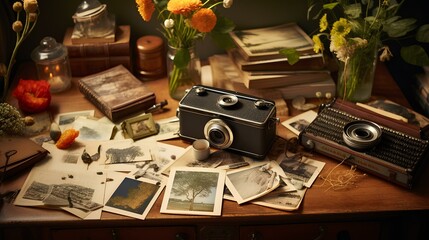 A reminiscent tableau on a wooden surface, featuring a photo album of summer memories and instant prints from a vintage camera, evoking a sense of nostalgia.