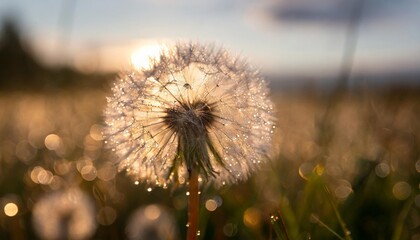 beautiful fluffy dandelion ball with dew drops on a blurry background macro photography of small details of nature