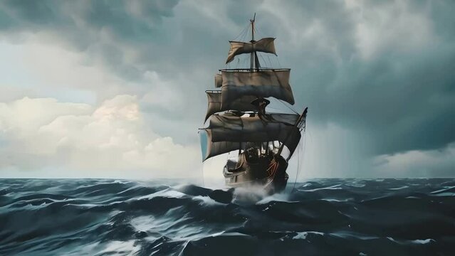 A pirate ship sails on the ocean, with a stormy sea featuring big waves and dark clouds in the background. A vintage pirate boat