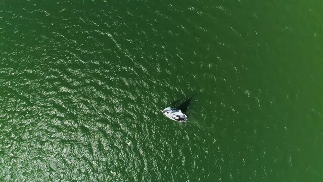 Top Down Boat At Solina Lake Bieszczady Aerial View Poland