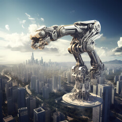 Robotic arm assembling a city skyline in mid-air