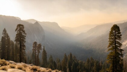 landscape in sequoia national park in sierra nevada mountains on a sunny day smoke from wildfires visible in the background covering the fresno area - obrazy, fototapety, plakaty