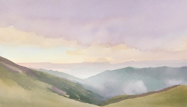 watercolor mountain landscape with pale purple and green colors minimalistic style banner image
